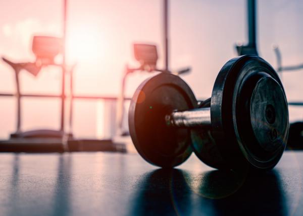 dumbbell on a gym floor with a sunset in the background